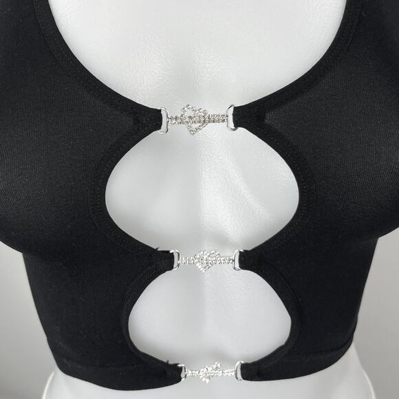 ANWND Black Halter Sleeveless Cutout Keyhole Chain Open Back Crop Top Size S/M - Picture 3 of 5